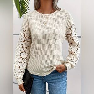 Cream Waffle Knit Top with Lace Sleeves Special order Loose Oversized fitting